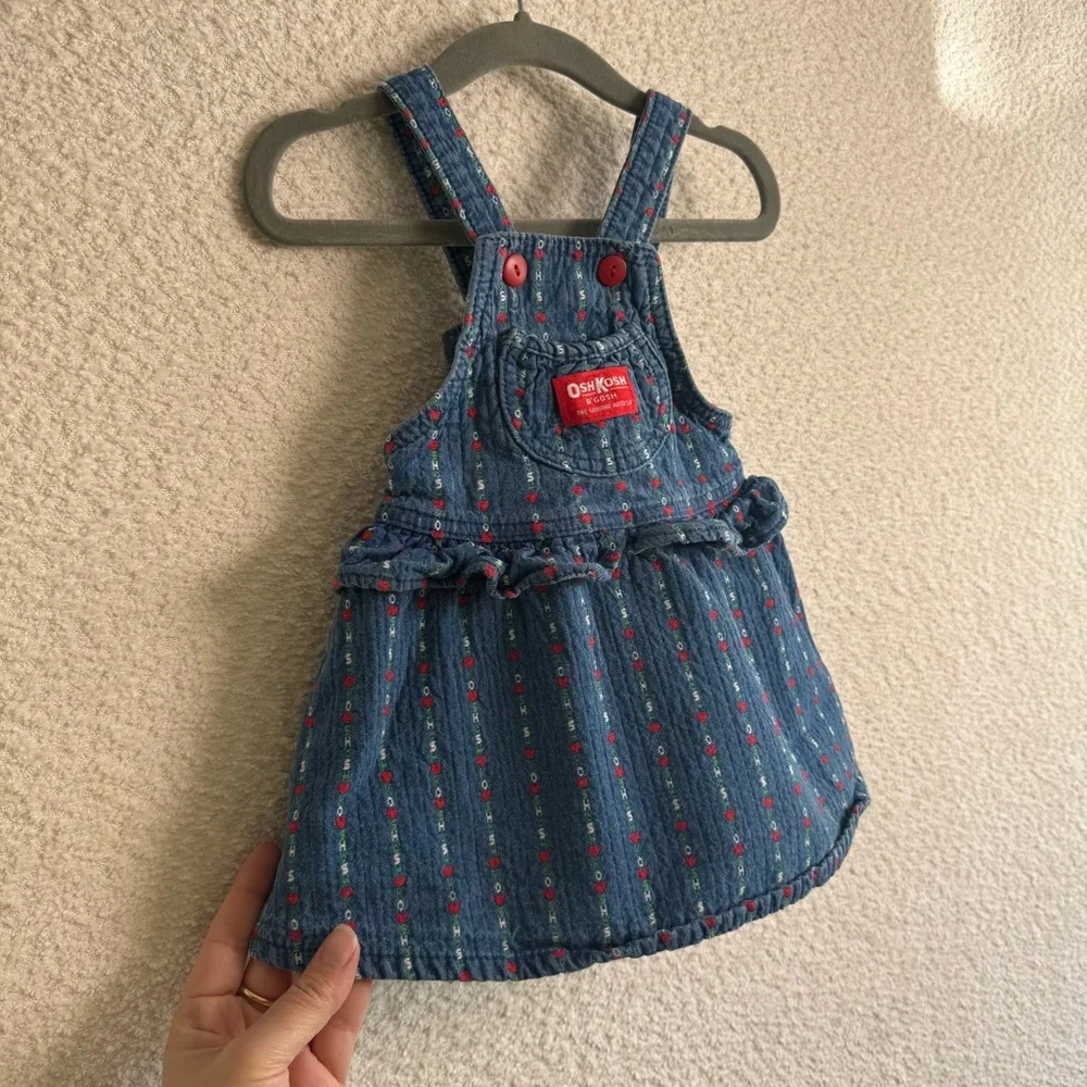 Vintage RARE Osh Kosh B’Gosh Denim Logo Ruffle‎ Spell Out Heart Dress 24 Months